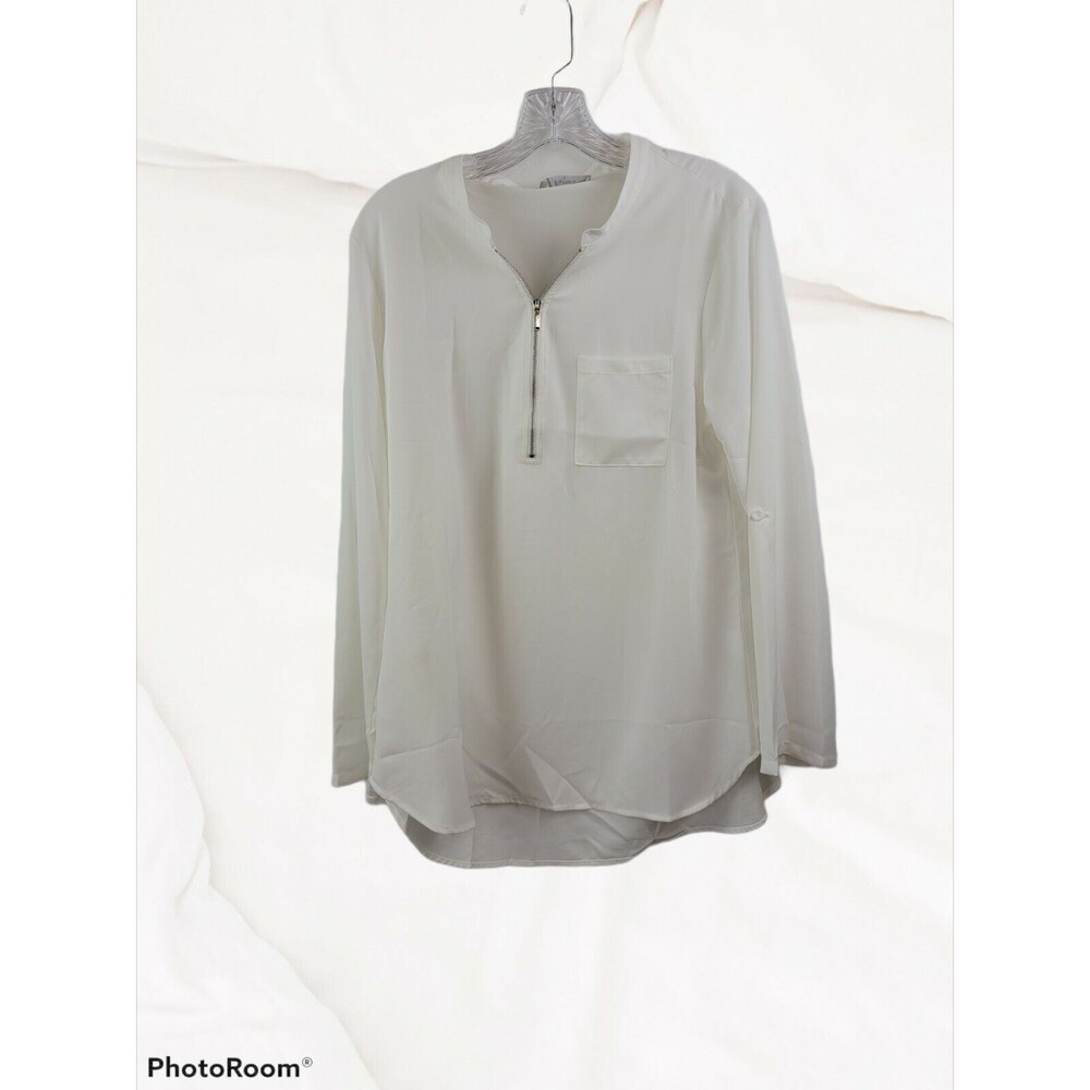 FURNEX V Neck Chiffon‎ Blouse Half Zip up Casual Tunic Shirts Large White